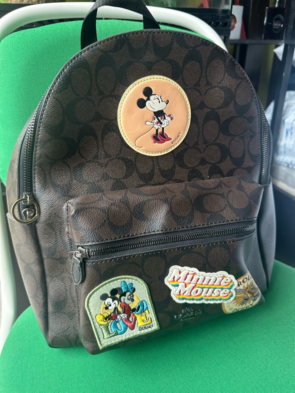 Coach Brown Signature Monogram Mickey Minnie Mouse Patch Backpack Bag